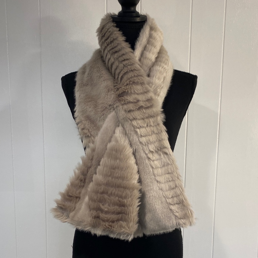 Banana Republic Faux Fur Scarf | Taupe Beige | Satin Lined | 48” Luxury Wrap